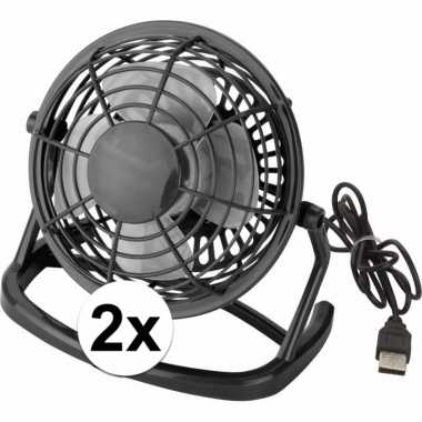 2x mini bureau ventilator usb zwart