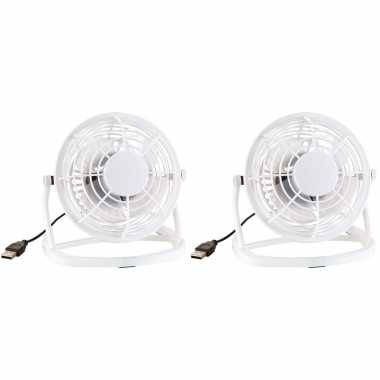 Set van 2x stuks mini bureau ventilator wit usb 14 cm