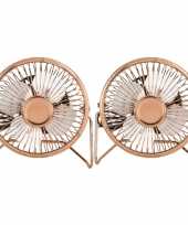 2x stuks kleine bureau ventilatoren rose goud 15 cm met usb aansluiting