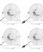 Set van 4x stuks mini bureau ventilator wit usb 14 cm